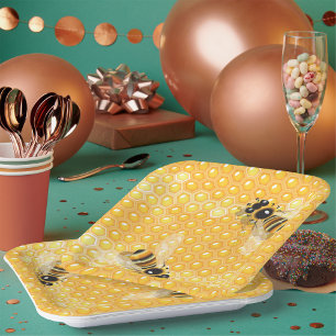 Assiettes En Carton Abeilles de miel sur un Motif de nid d'abeille