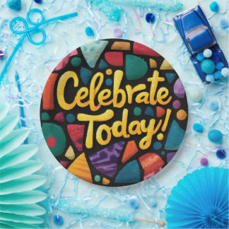 Assiettes En Carton Abstract Pop Art Graphic with 'Celebrate Today'