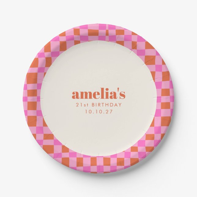 Assiettes En Carton Abstrait Checker rose orange Personnalisé 21e anni (Devant)
