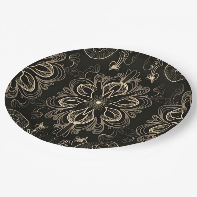 Assiettes En Carton Abstrait Floral Noir Et Motif Or (Angle)