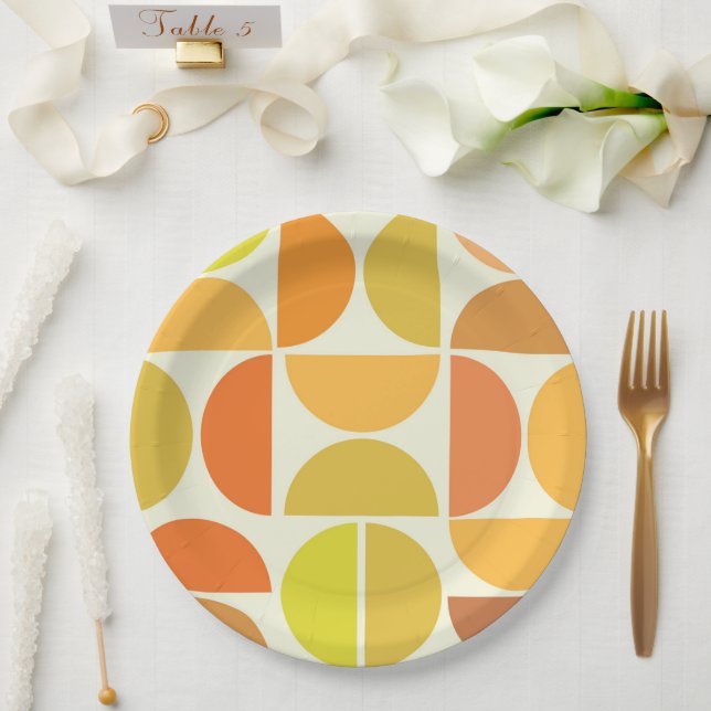 Assiettes En Carton Abstrait milieu du siècle moderne cercles orange j (Mariage)