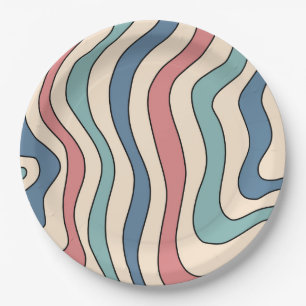 Assiettes En Carton Abstrait Retro les années 70 marbre Bleu Rouge Sup