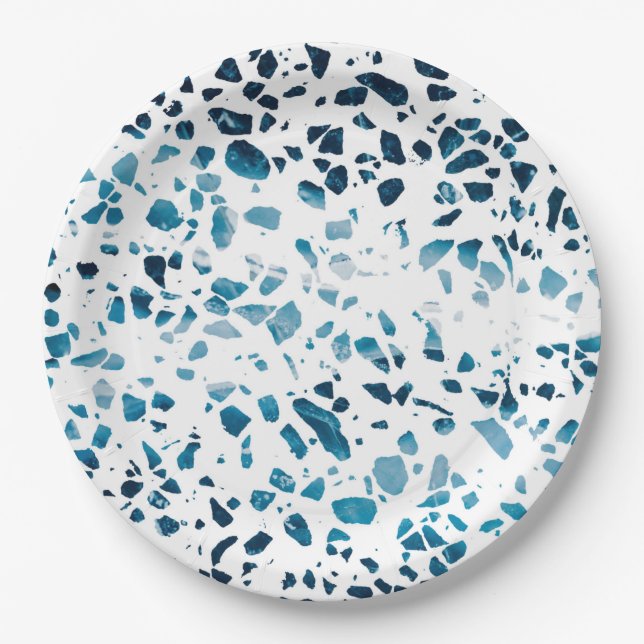 Assiettes En Carton Abstrait Terrazzo Mosaic Marine et Motif bleu clai (Devant)