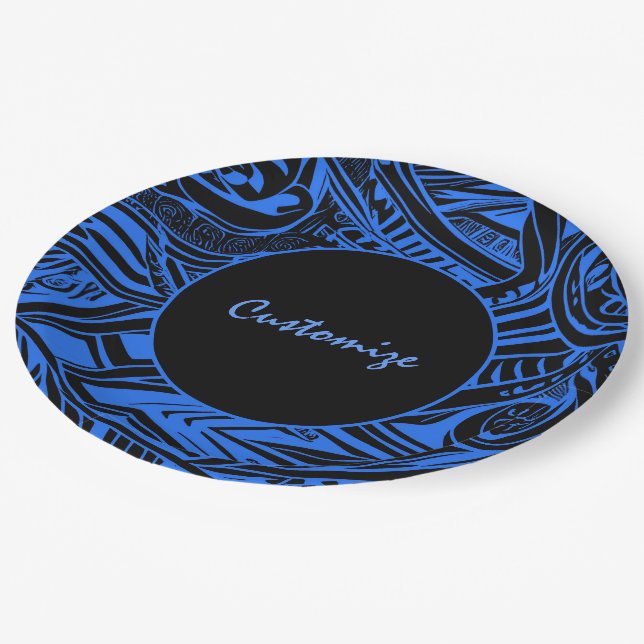 Assiettes En Carton Abstrait Tribal Noir Et Bleu (Angle)