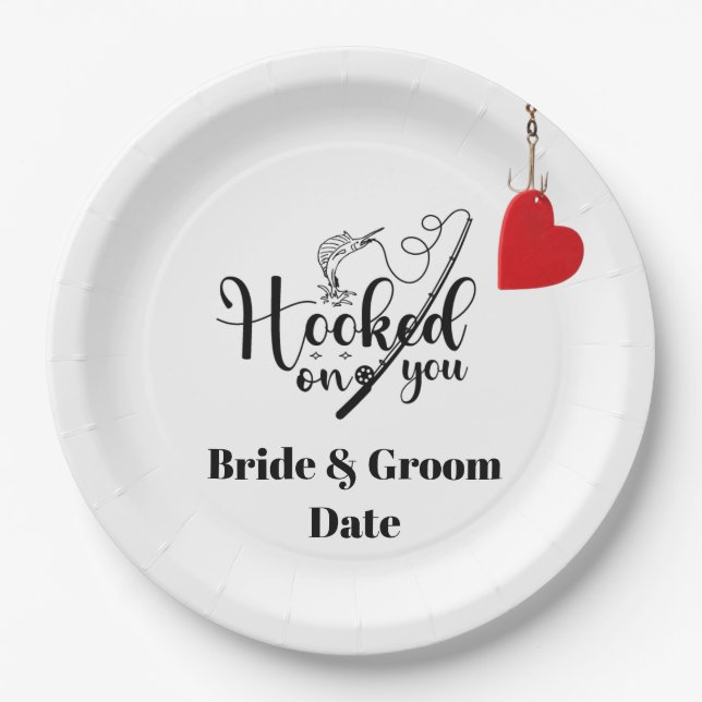 Assiettes En Carton Accrochez-vous pour la pêche avec Mariage d'amour  (Devant)