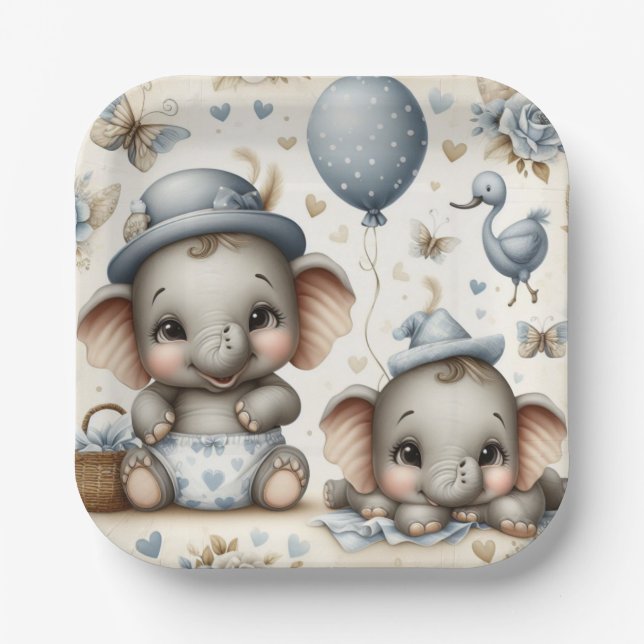 ASSIETTES EN CARTON ADORABLE BABY ELEPHANTS EN BLEUE ET TAN PASTEL (Recto)