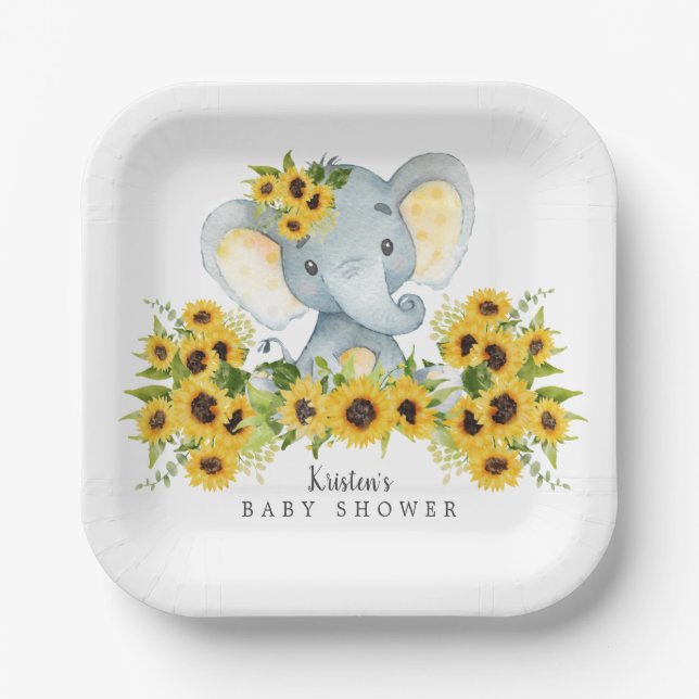 Assiettes En Carton Adorable Baby shower des éléphants de tournesol (Recto)