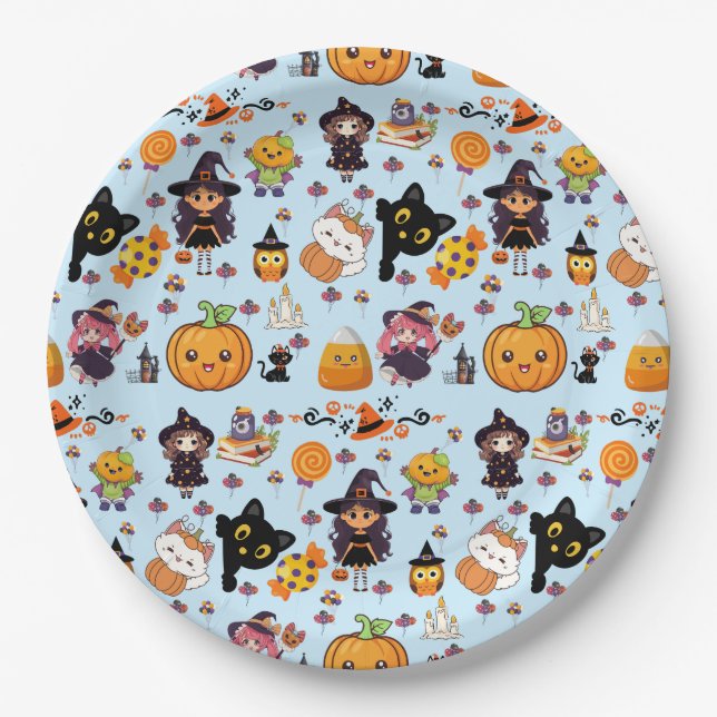Assiettes En Carton Adorable Funny Kawaii Motif d'Halloween (Devant)