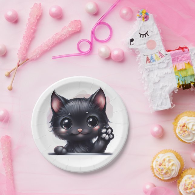 Assiettes En Carton Adorable Kawaii Chat noir (Fête)