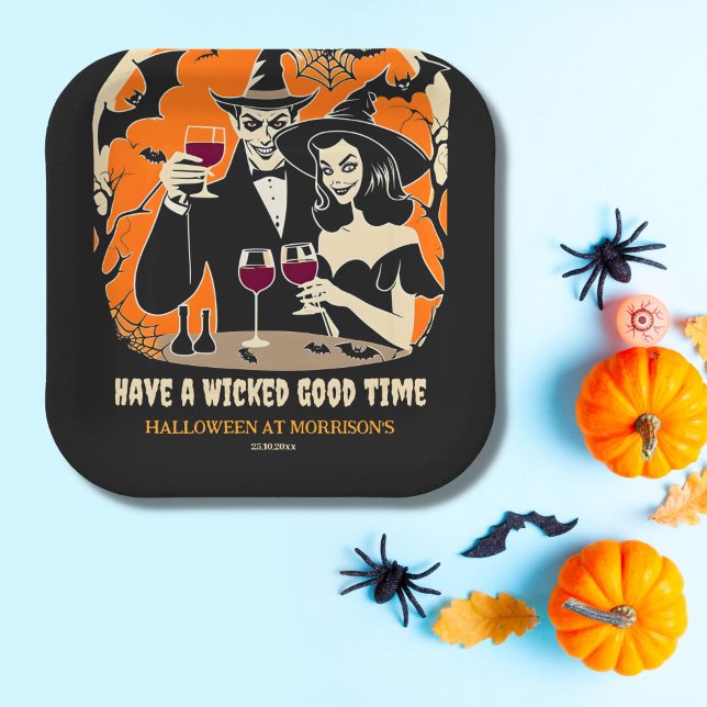 Assiettes En Carton Adulte Halloween mauvais temps fêter la vaisselle (Adult Halloween wicked good time tableware personalized party plates black with and Dracula toasting)