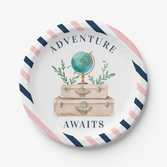 Assiettes En Carton Adventure Await World Travel Suitcases Party (Devant)
