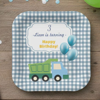 Assiettes En Carton Aesthetic Gingham Blue Construction 3rd Birthday 
