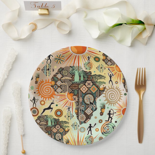 Assiettes En Carton Africa Map Decorative Tribal Elements Pattern (Mariage)