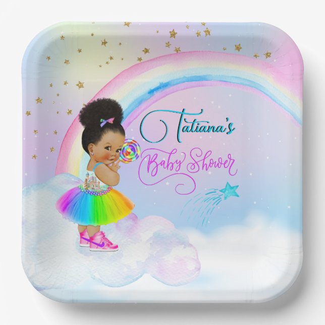 Assiettes En Carton Afro Puff Baby Girl Pastel Rainbow Baby shower (Recto)