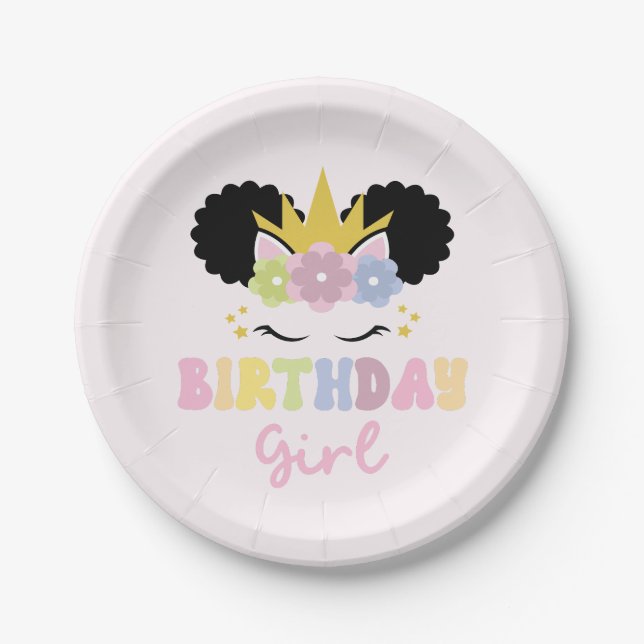 Assiettes En Carton Afro Puff Unicorn Anniversaire fille (Devant)