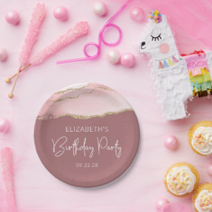 Assiettes En Carton Agate Blush Gold Dusty Rose fête d'anniversaire