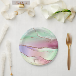 Assiettes En Carton Agate de pastèque   Neo Mint Green et Cassis Pink