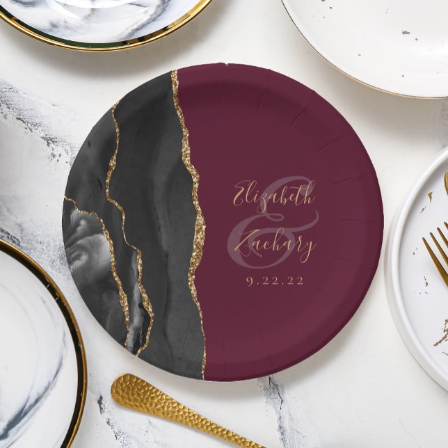 Assiettes En Carton Agate Géode Script Black Gold Burgundy (Créateur téléchargé)