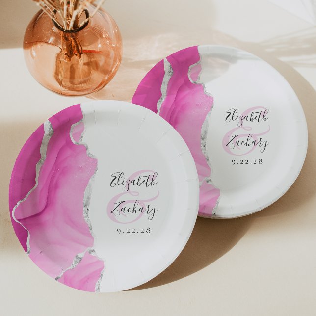 Assiettes En Carton Agate Géode Script Mariage en argent rose (Créateur téléchargé)