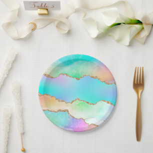 Assiettes En Carton Agate Holo   Faux Iridescente Pastel Ombre Marble