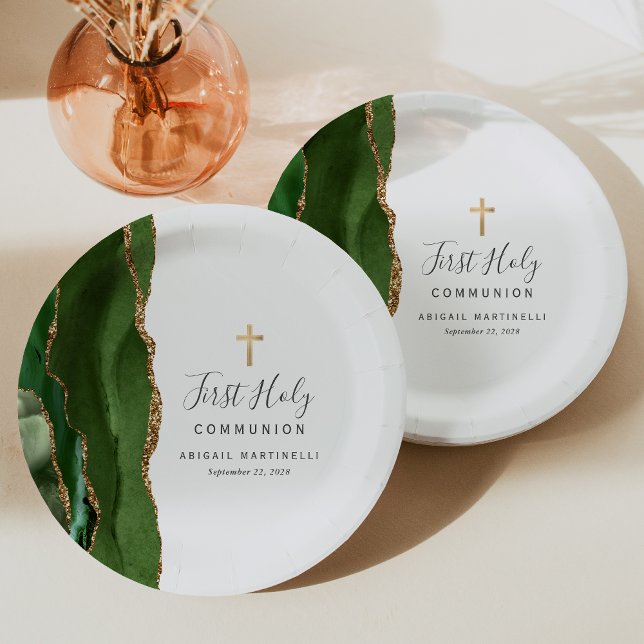 Assiettes En Carton Agate vert Parties scintillant d'or Première commu (Créateur téléchargé)