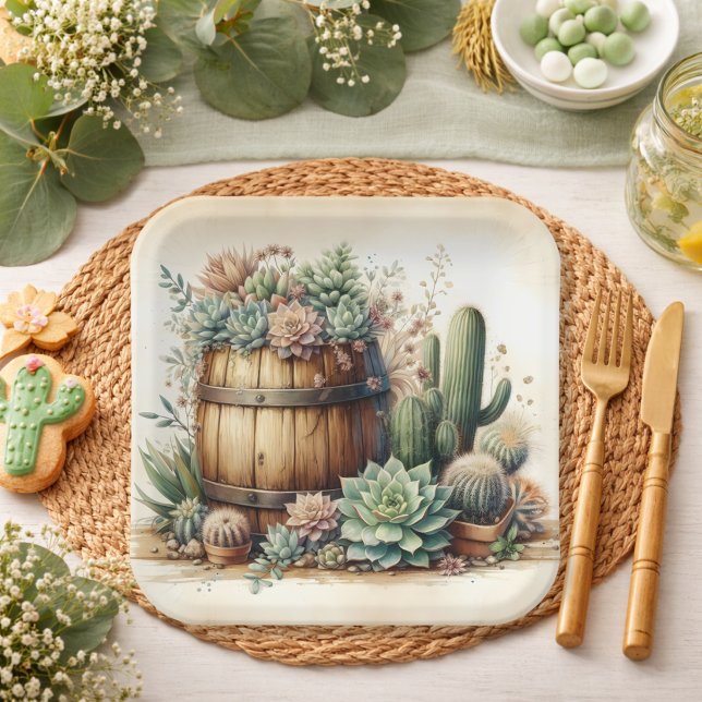Assiettes En Carton Agencement Rustique de Succulentes et Cactus (Créateur téléchargé)