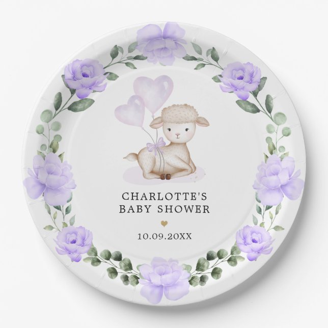 Assiettes En Carton Agneau mignon Purple Floral Vert Bébé Fille (Devant)