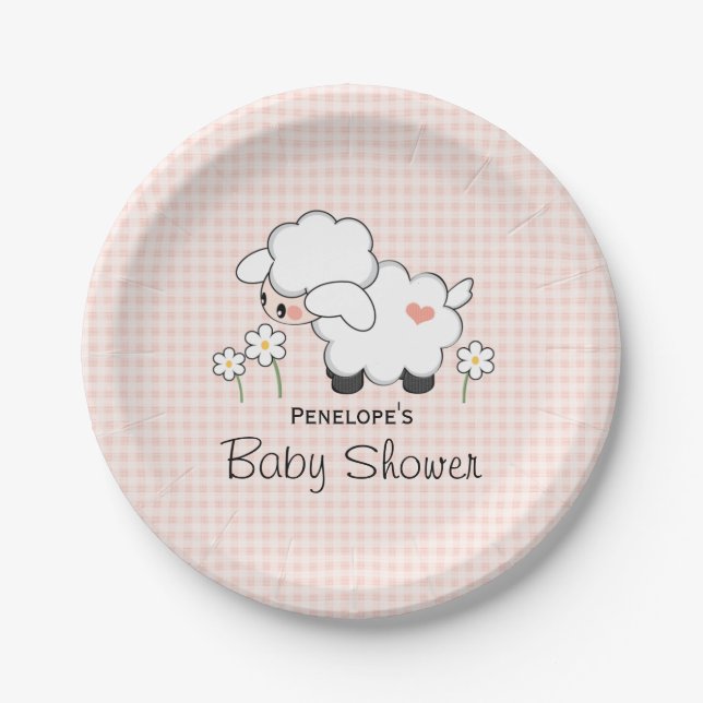 Assiettes En Carton Agneau rose En vichy bébé fille douche (Devant)