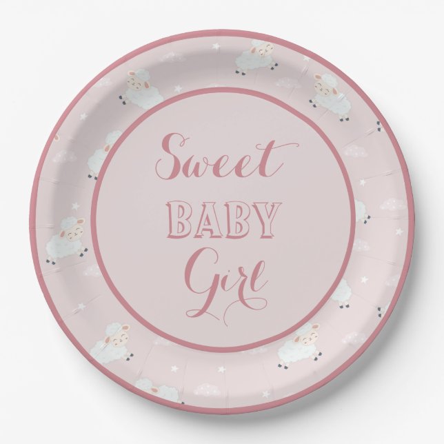 Assiettes En Carton Agneaux de bébé rose gris blanc (Devant)