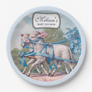 Assiettes En Carton Agneaux vintages habillés en Baby shower de rubans