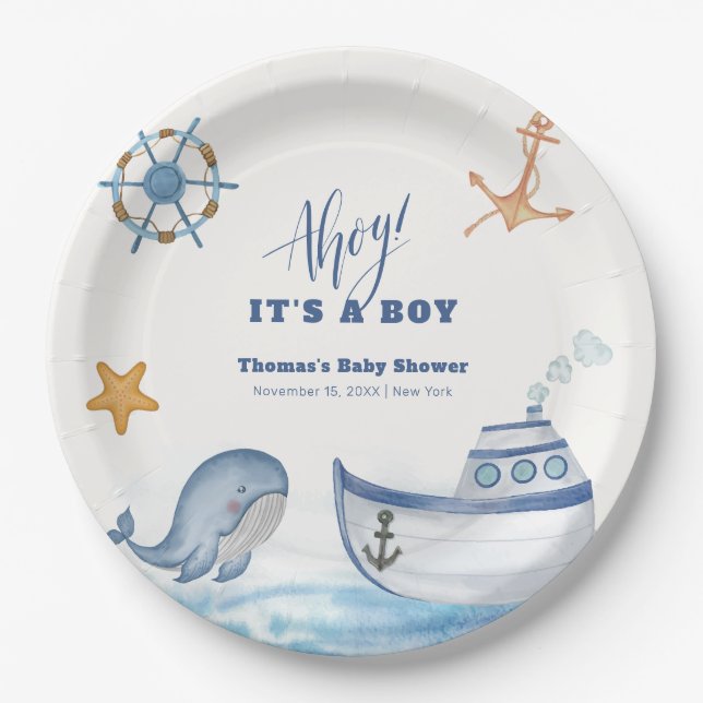 Assiettes En Carton Ahoy Boy Whale Baby shower de bateau à voile (Devant)