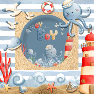 Assiettes En Carton Ahoy C'est un Baby shower nautique bleu garçon