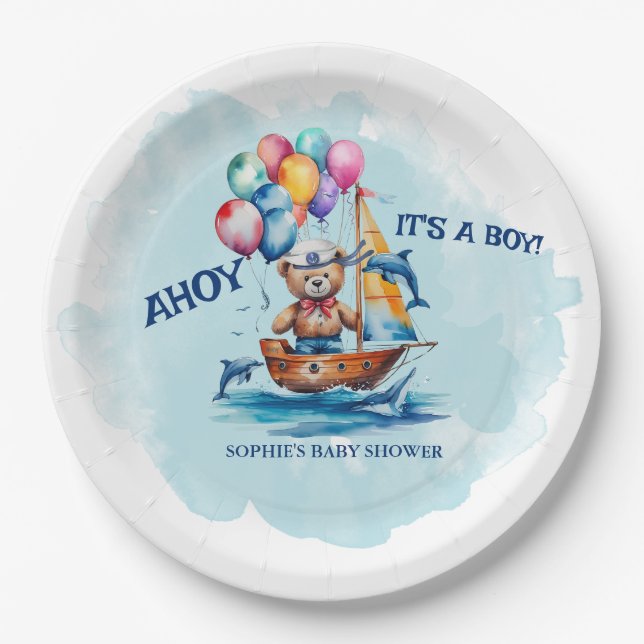 Assiettes En Carton Ahoy C'Est Un Garçon Baby shower À Thème Nautique (Devant)
