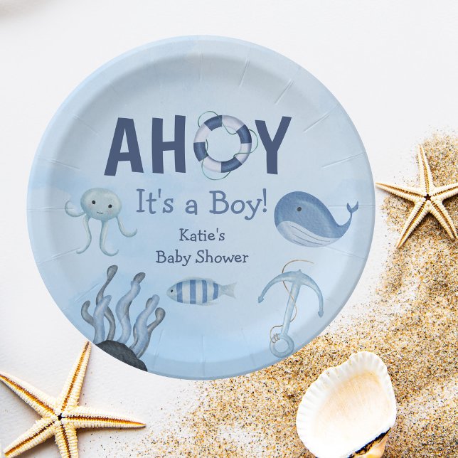 Assiettes En Carton Ahoy C'est un garçon Baby shower côtier d'animaux  (Créateur téléchargé)