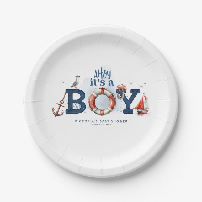 Assiettes En Carton Ahoy C'est un garçon Baby shower nautique (Devant)