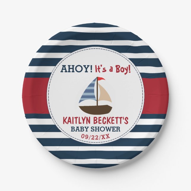 Assiettes En Carton Ahoy C'est un garçon ! Baby shower nautique (Devant)