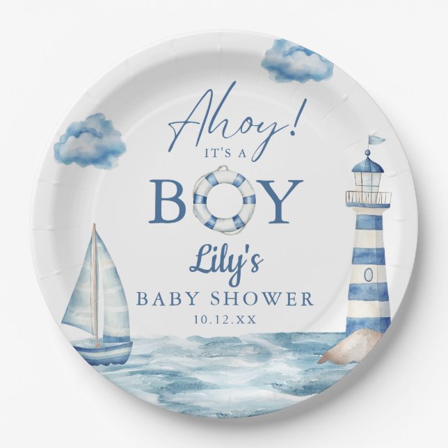 Assiettes En Carton Ahoy C'Est Un Garçon Baby shower Nautique (Devant)