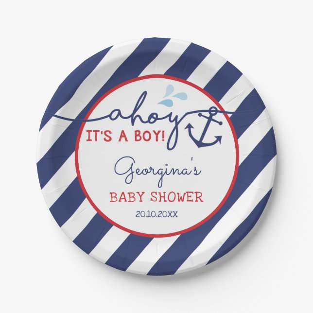 Assiettes En Carton Ahoy C'est un garçon Baby shower nautique Marine R (Devant)