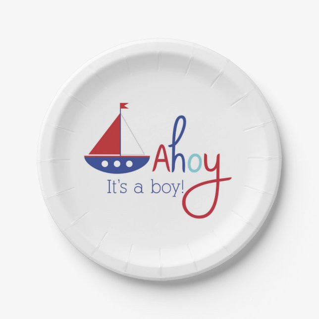 Assiettes En Carton Ahoy c'est un garçon ! Plaque de baby shower nauti (Devant)