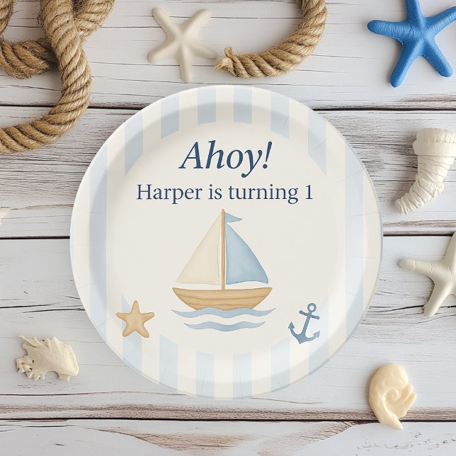 Assiettes En Carton Ahoy Nautical Birthday | Bateau Blue (Créateur téléchargé)