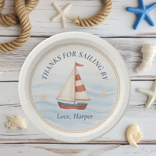 Assiettes En Carton Ahoy Nautical Voilier Anniversaire   Bleu et rouge