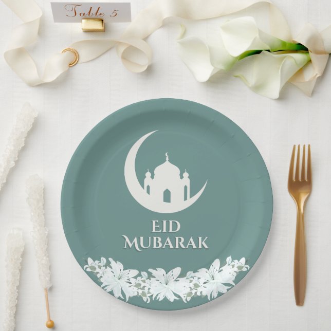 Assiettes En Carton Aïd Moubarak 1447 Hijri Croissant Mosquée Design (Mariage)
