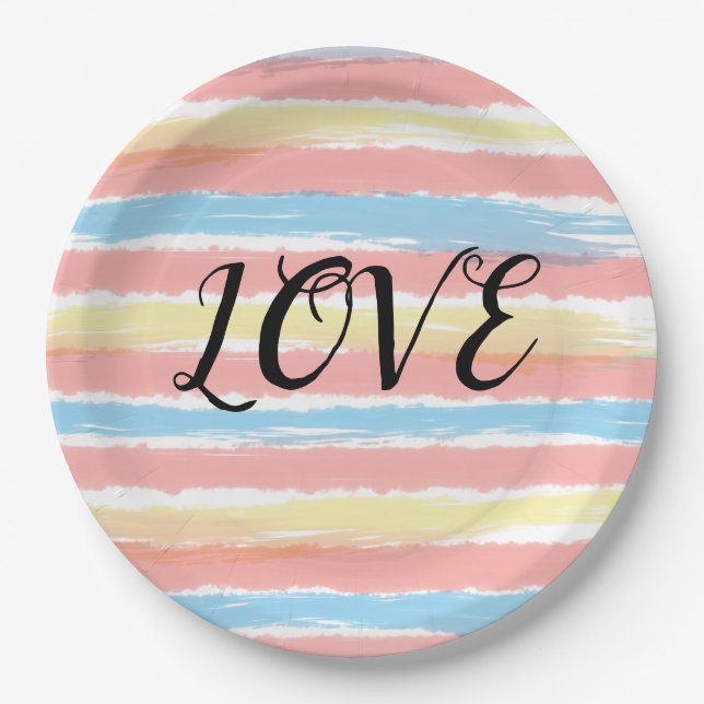 Assiettes En Carton Aimer Typographie Pink Yellow Blue Aquarelle (Devant)