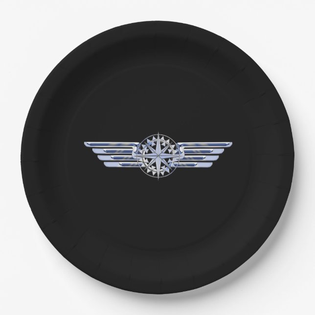 Assiettes En Carton Air Pilote Chrome comme ailes Compass sur noir (Devant)