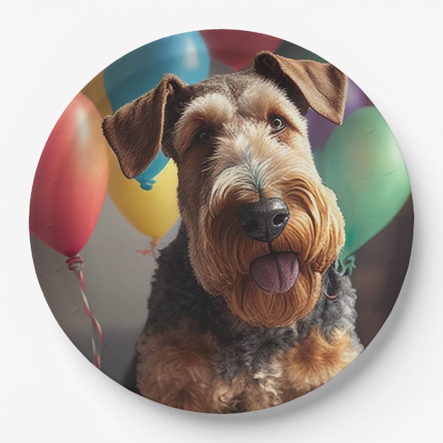 Assiettes En Carton Airedale chien avec gâteau et ballons (Devant)