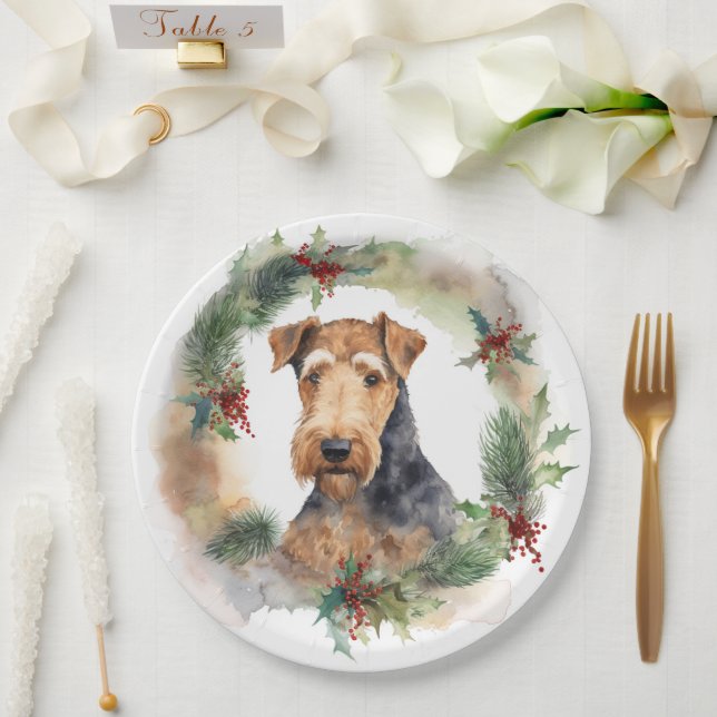 Assiettes En Carton Airedale Christmas Wreath Festive Pup (Mariage)