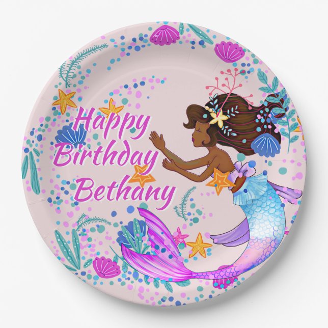 Assiettes En Carton Ajouter un nom Texte Mermaid Pink Mauve Aqua Party (Devant)