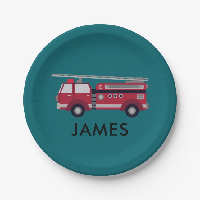 Assiettes En Carton Ajouter votre nom Red Fire truck Personnalisé (Devant)