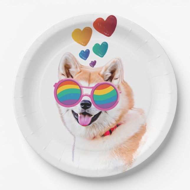 Assiettes En Carton Akita Chien avec Coeurs Saint Valentin (Devant)
