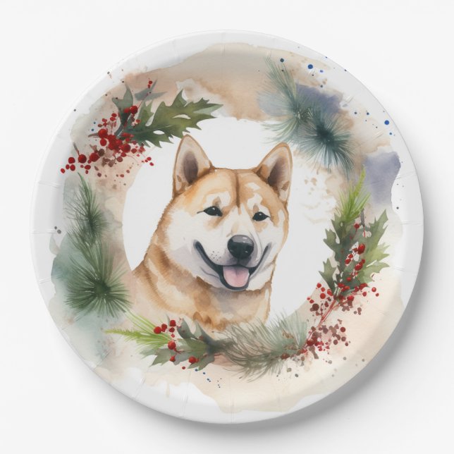 Assiettes En Carton Akita Christmas Wreath Festive Pup (Devant)